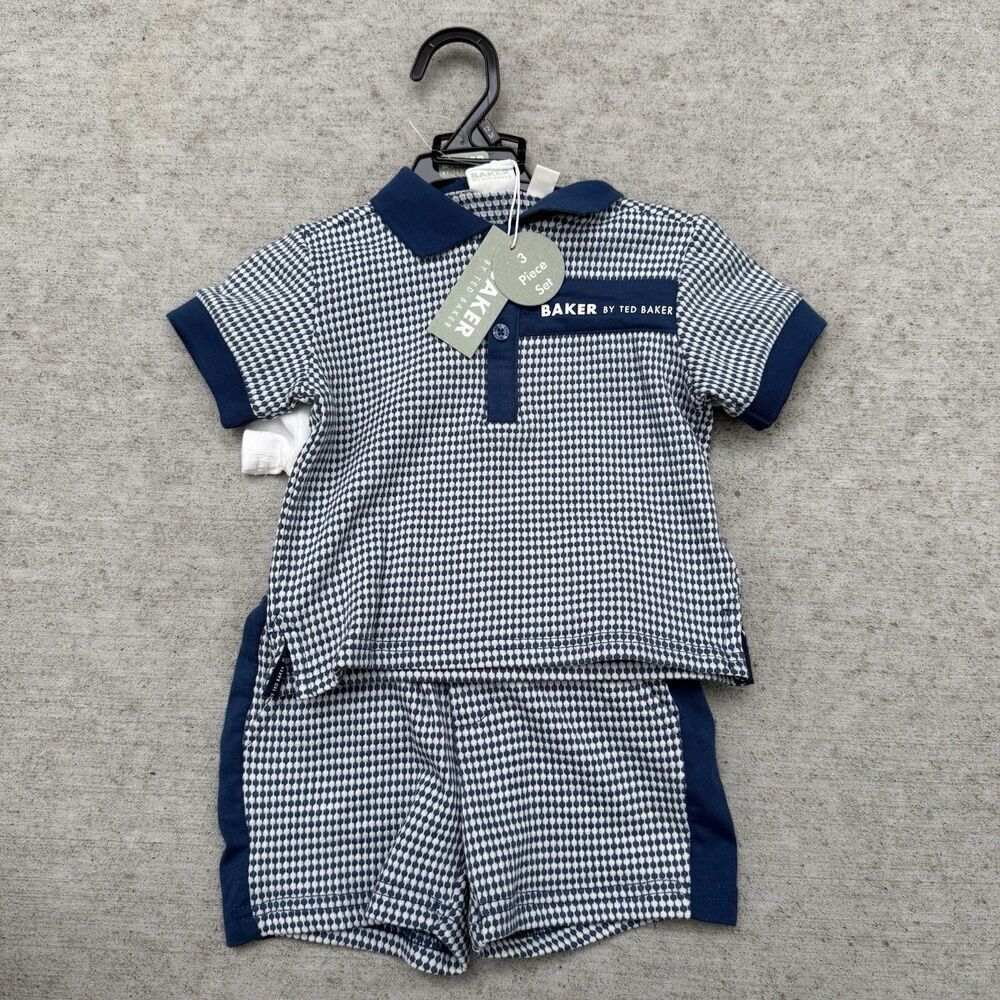 TED BAKER Boy Blue Logo Shorts Polo & T Shirt 3 Piece Set Outfit 3/6 Month NWT